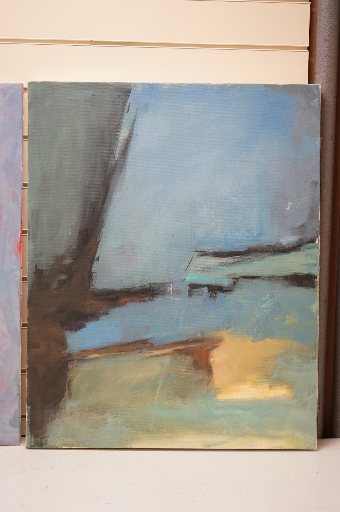 Billie Newey (Contemporary), two abstract compositions, unsigned, unframed, oils on canvas, largest 61 x 76cm